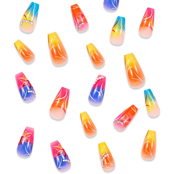 Color Gradient Flower Rhinestone Fake Nails - Image 5