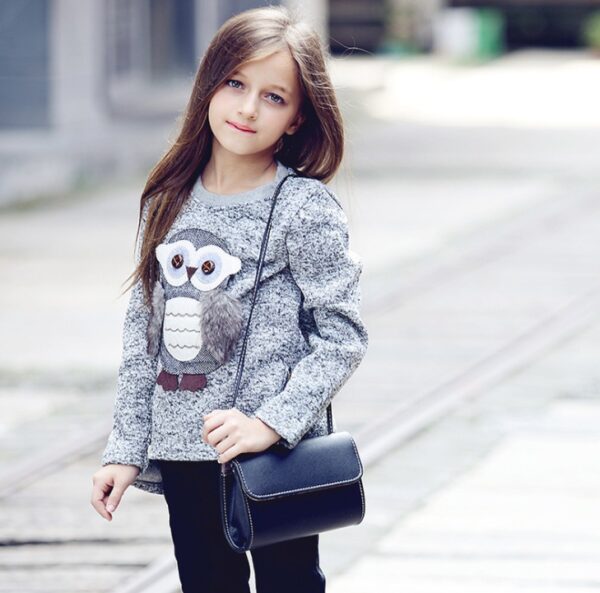 "Girls' Knitted Sweater - Cartoon Owl - Fleece-Lined Winter Wear"