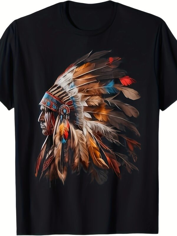 Indian Headdress Pattern T-shirt For Men, Summer Pattern Printed Short Sleeved T-shirt - Image 5