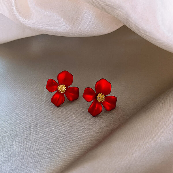 Girls Silver Needle Korean Red Petal Earrings - Image 3