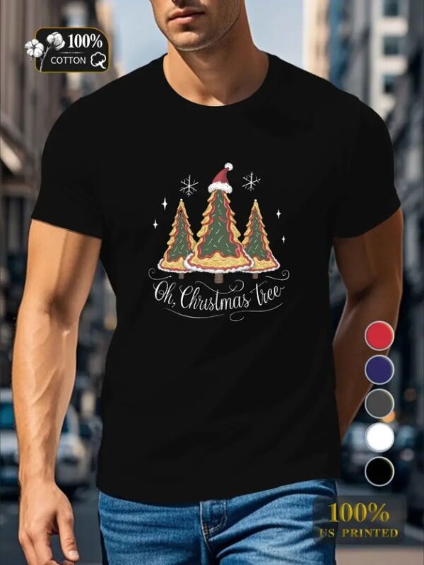 Men's Comfort Fit Christmas Tree Graphic Tee - 180g Pure Cotton, Casual Round Neck T-Shirt, Machine Washable