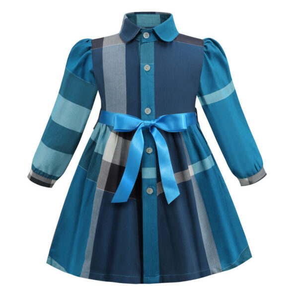 Lapel Plaid Long Sleeve Girls Dress Shirt Dress A Line Skirt - Image 5