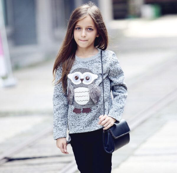 "Girls' Knitted Sweater - Cartoon Owl - Fleece-Lined Winter Wear" - Image 2