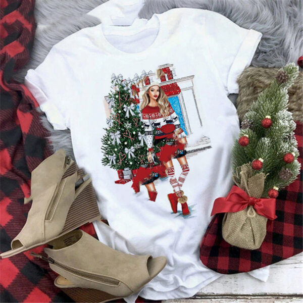 Christmas  Print Girlfriends Red T-Shirt - Image 3