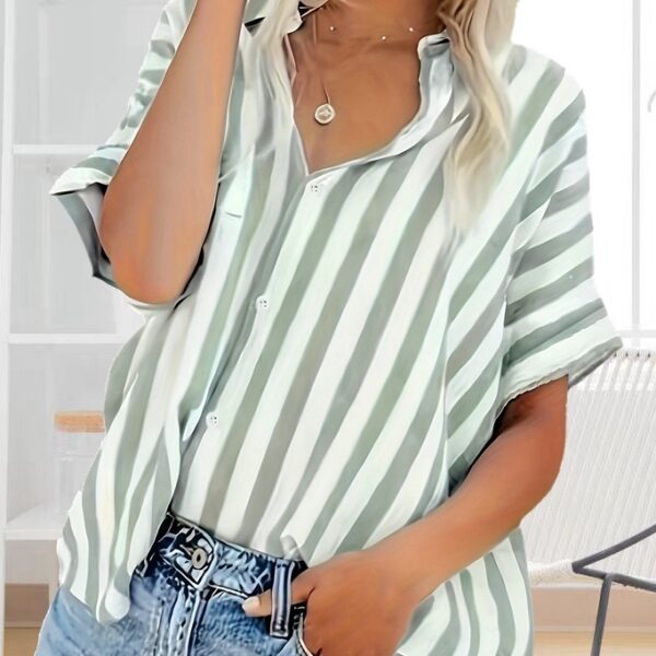 Fashion Elegant Comfortable Button Striped Plus Size Plump Girls Summer Shirt - Image 8