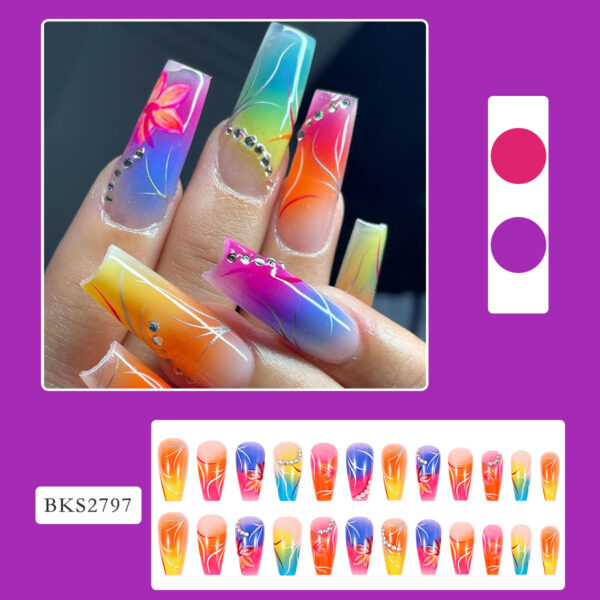 Color Gradient Flower Rhinestone Fake Nails - Image 4