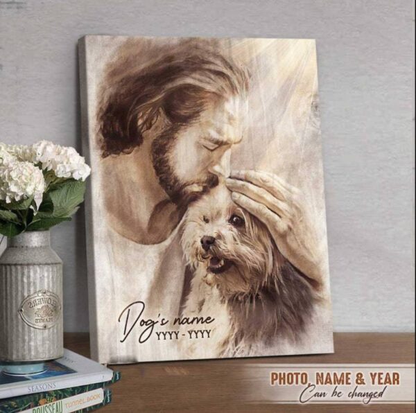 Personalized Memorial Pet Wall Art Canvas, Jesus God Embrace A Dog, Memorial Wall Art With Beautiful Pets-portrait - Image 2