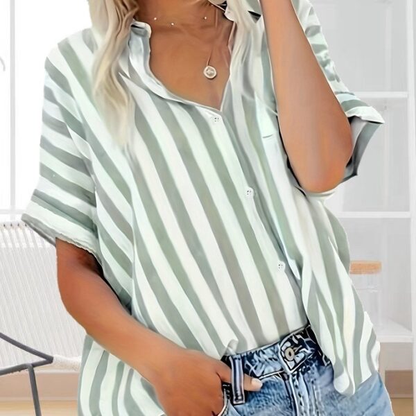 Fashion Elegant Comfortable Button Striped Plus Size Plump Girls Summer Shirt - Image 3