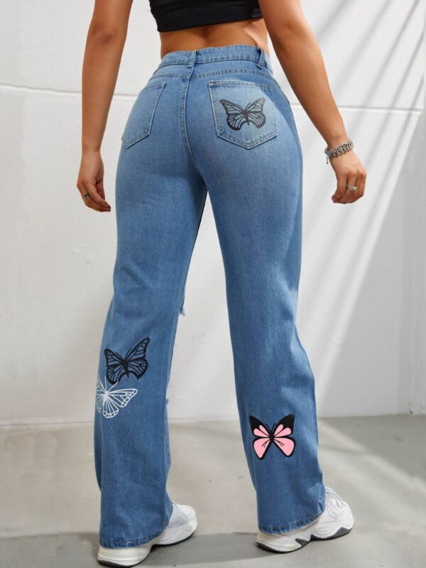 Trendy High-Waisted Straight Leg Jeans for Women – Butterfly Print Ripped Distressed Denim - Image 7