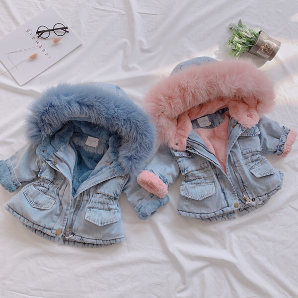 "Girls' Denim Coat with Hood – Blue and Pink, Velvet-Lined for Extra Warmth, Sizes 80-120cm" - Image 5