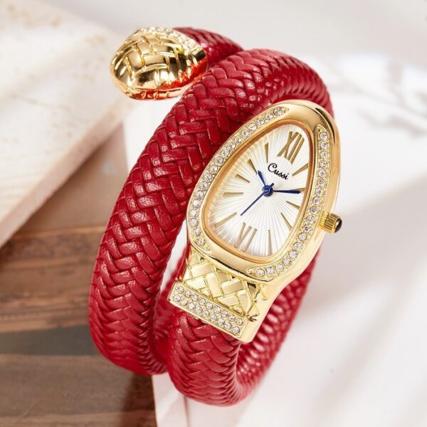 Snake Design Quartz Watch with Diamond Leather Strap