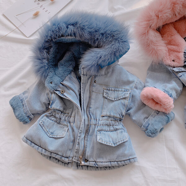 "Girls' Denim Coat with Hood – Blue and Pink, Velvet-Lined for Extra Warmth, Sizes 80-120cm" - Image 2