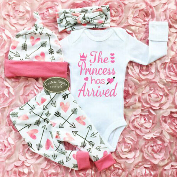 Girls Pink Letters Long-sleeved One-piece Romper Four-piece Children's Clothing - Image 3