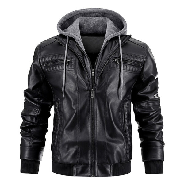 Fashionable Hooded PU Leather Jacket with Zipper Pockets – Warm Men's Coat - Image 3