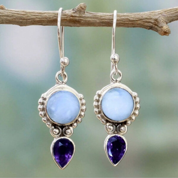 "Elegant Vintage Moonstone Earrings – Thai Silver with Amethyst Water Drop Design"