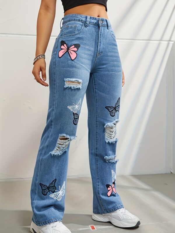 Trendy High-Waisted Straight Leg Jeans for Women – Butterfly Print Ripped Distressed Denim - Image 4