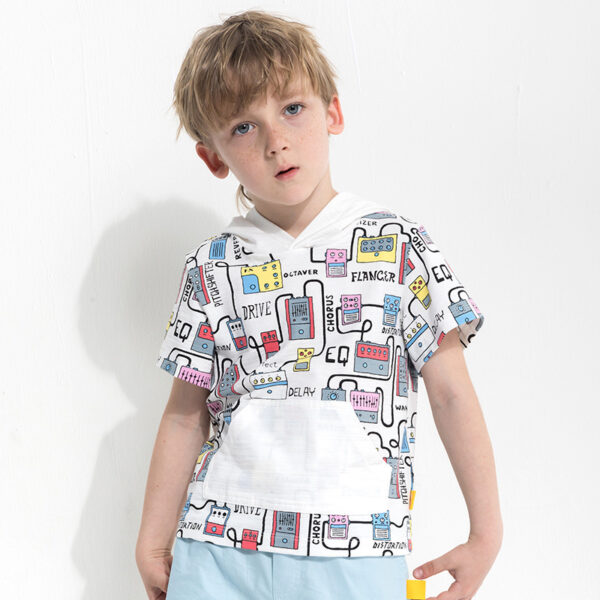 Cartoon print boy's hooded short sleeve t-shirt