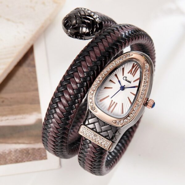 Snake Design Quartz Watch with Diamond Leather Strap - Image 3