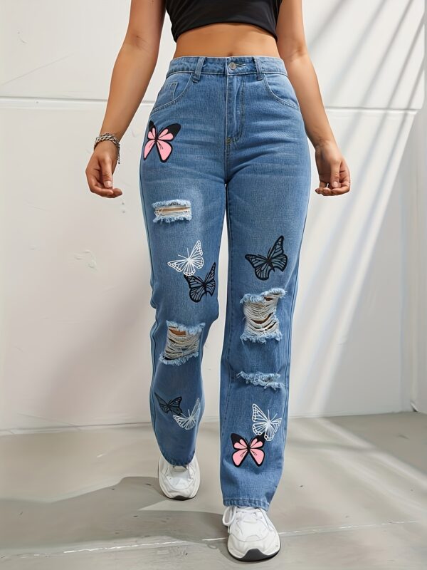 Trendy High-Waisted Straight Leg Jeans for Women – Butterfly Print Ripped Distressed Denim - Image 5