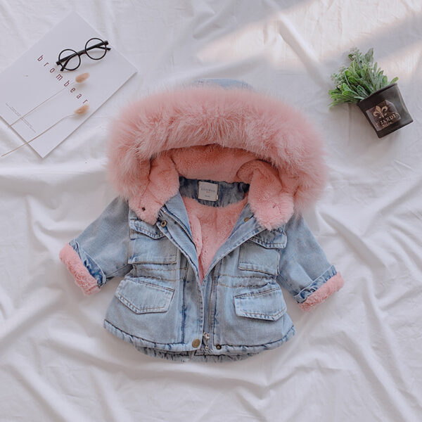 "Girls' Denim Coat with Hood – Blue and Pink, Velvet-Lined for Extra Warmth, Sizes 80-120cm"