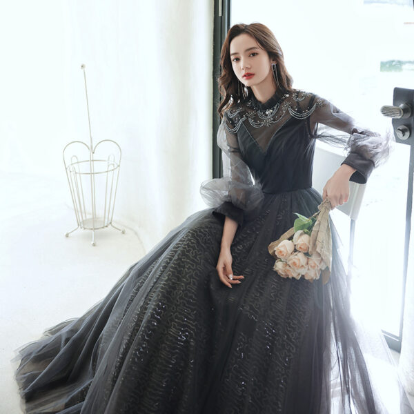 Black Evening Dress Women Light Luxury Annual Long Sleeves - Image 3