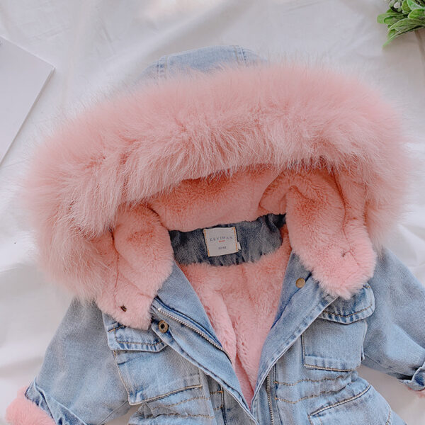 "Girls' Denim Coat with Hood – Blue and Pink, Velvet-Lined for Extra Warmth, Sizes 80-120cm" - Image 9