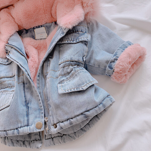 "Girls' Denim Coat with Hood – Blue and Pink, Velvet-Lined for Extra Warmth, Sizes 80-120cm" - Image 8