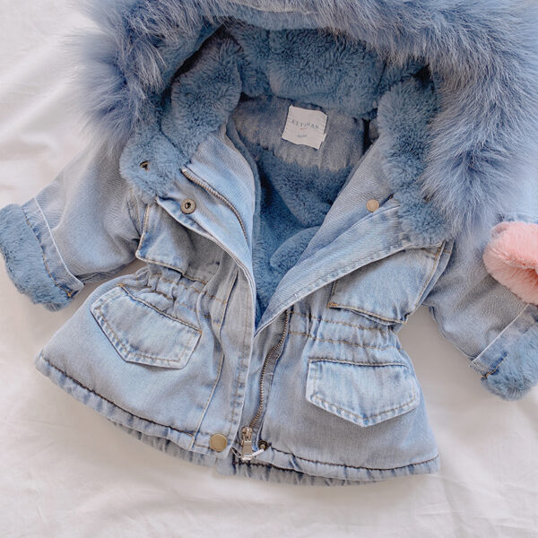 "Girls' Denim Coat with Hood – Blue and Pink, Velvet-Lined for Extra Warmth, Sizes 80-120cm" - Image 4