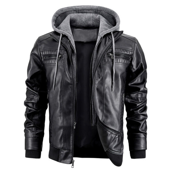 Fashionable Hooded PU Leather Jacket with Zipper Pockets – Warm Men's Coat - Image 4