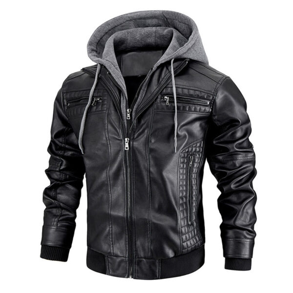 Fashionable Hooded PU Leather Jacket with Zipper Pockets – Warm Men's Coat - Image 2