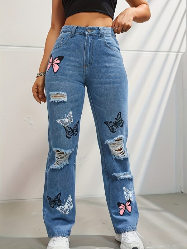 Trendy High-Waisted Straight Leg Jeans for Women – Butterfly Print Ripped Distressed Denim - Image 6