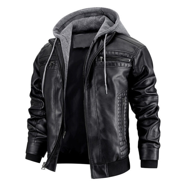 Fashionable Hooded PU Leather Jacket with Zipper Pockets – Warm Men's Coat - Image 6