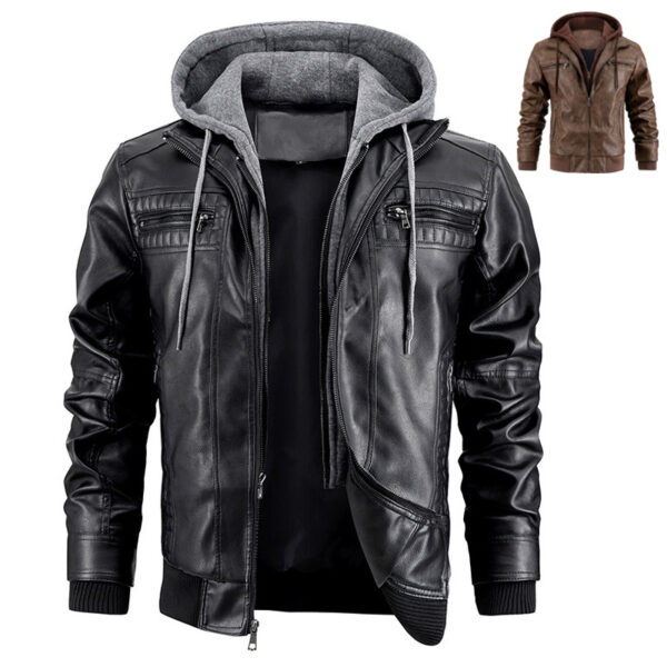 Fashionable Hooded PU Leather Jacket with Zipper Pockets – Warm Men's Coat