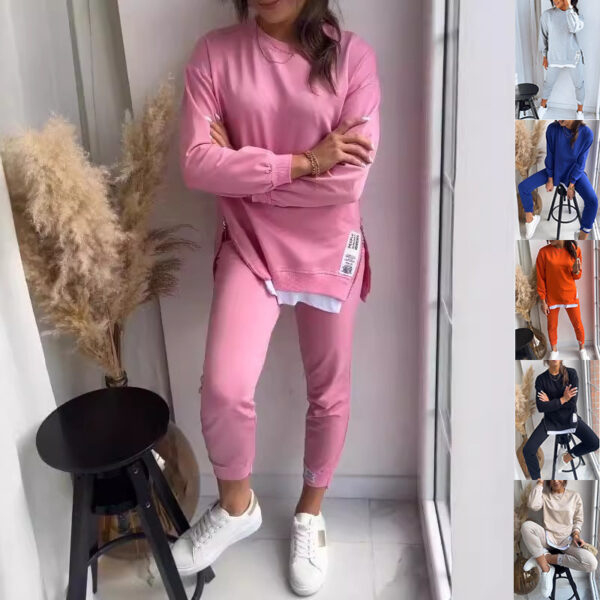 Women's Fashion Sports Suit – Slit Design Sweatshirt Top & Slim-Fit Sweatpants Two-Piece Set