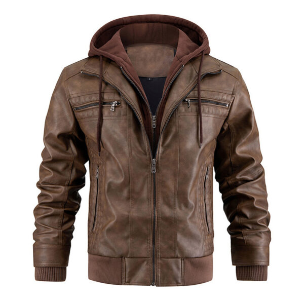 Fashionable Hooded PU Leather Jacket with Zipper Pockets – Warm Men's Coat - Image 5