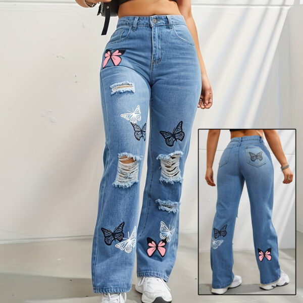 Trendy High-Waisted Straight Leg Jeans for Women – Butterfly Print Ripped Distressed Denim - Image 2