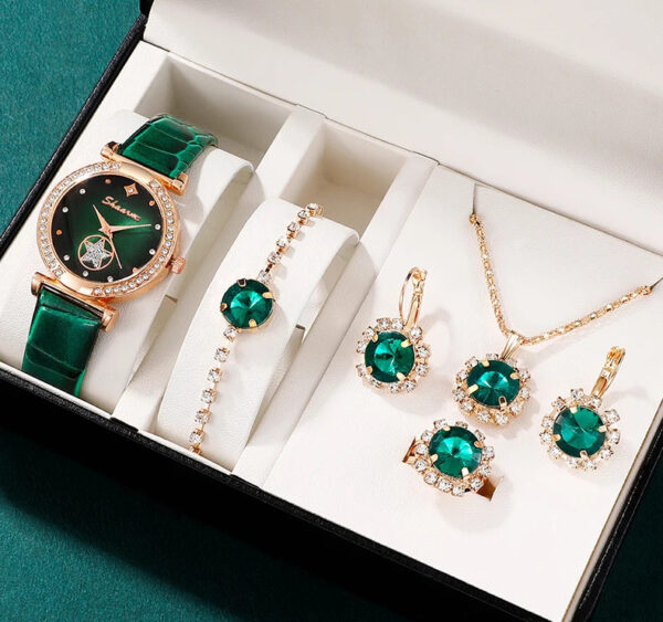 Elegant Green Belt Jewelry Set – Earrings, Necklace, Bracelet, and Ring